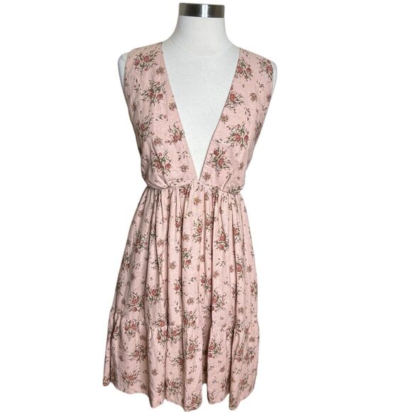 House of Harlow 1960 Dress Womens Small Pink Linen Floral Tie Back Cottagecore - Picture 1 of 10